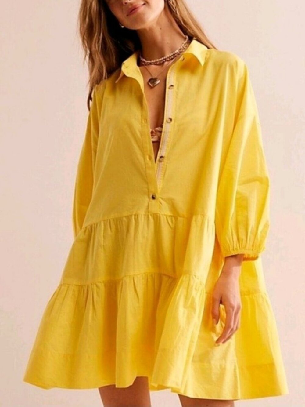 Free People Misha Mini Dress Yellow Polo Collar Pockets S